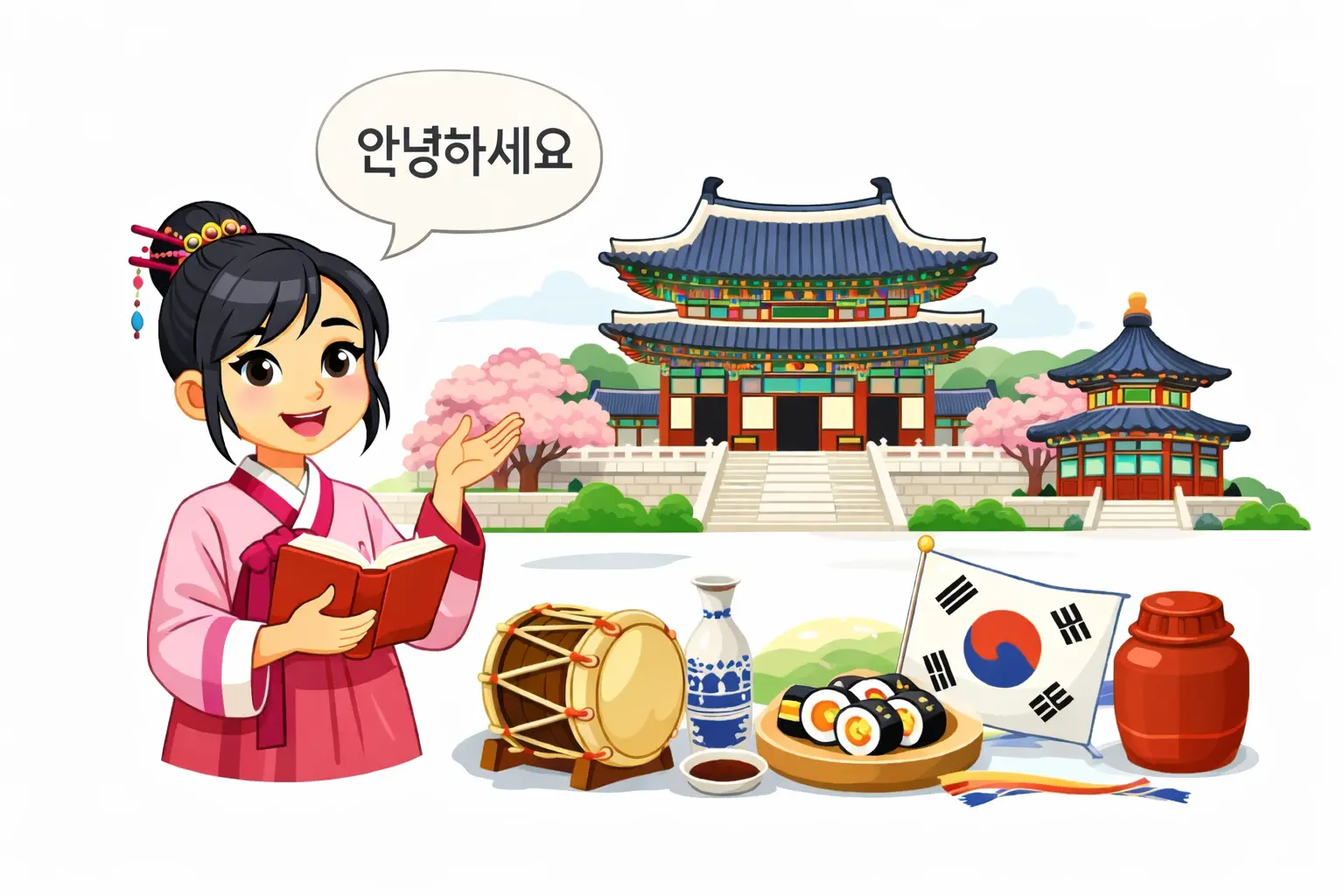 Ilustración estilo cartoon de profesora coreana con hanbok saludando con “안녕하세요”, bandera de Corea del Sur y elementos culturales, curso de coreano para empresas.