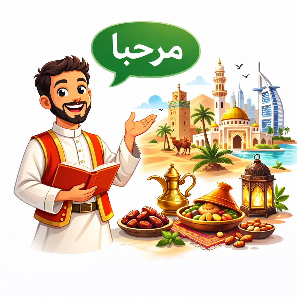 Ilustración de curso de árabe para empresas con formación bonificada FUNDAE en Madrid, profesor enseñando lengua árabe y elementos culturales del norte de África y países árabes.