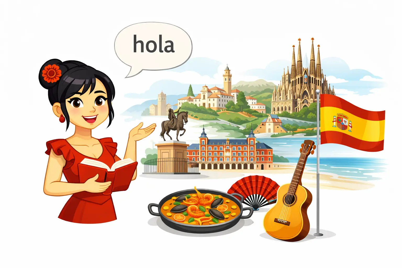 Ilustración de curso de español para empresas con profesora y elementos culturales de España, formación bonificada FUNDAE para PYMES.