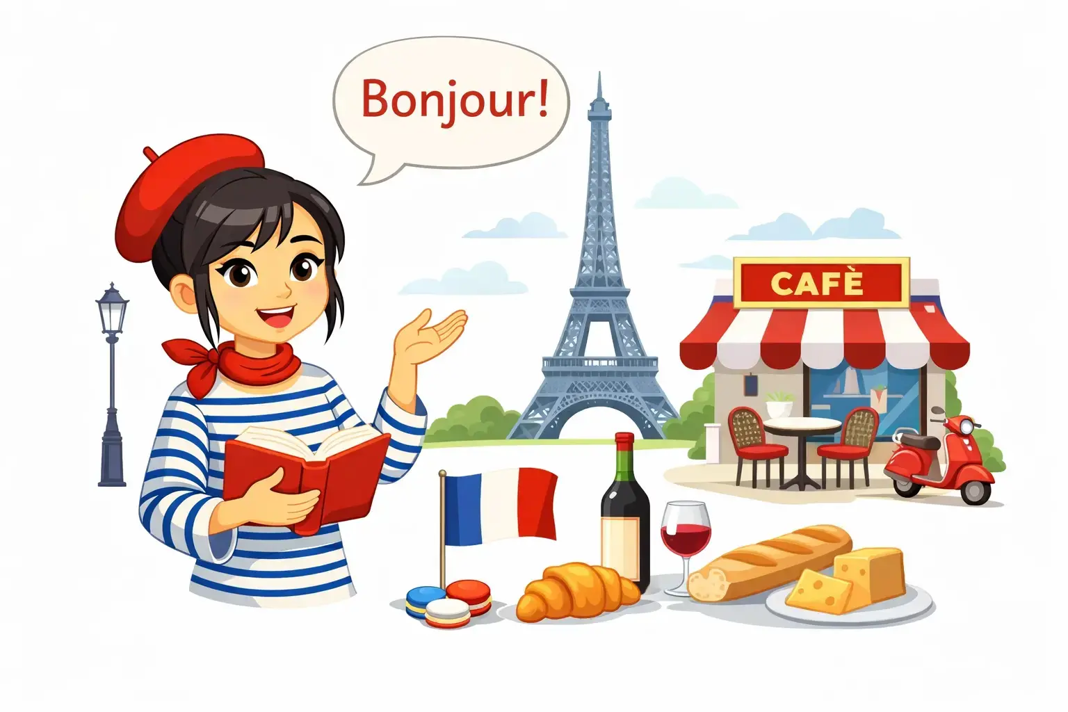 Ilustración de curso de francés para empresas con profesora estilo francés, Torre Eiffel y elementos culturales de Francia – formación bonificada FUNDAE Edubaa