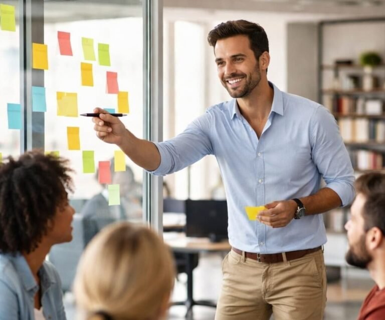 Formación en habilidades blandas para empresas: hombre liderando sesión de trabajo en equipo en oficina moderna para PYMES en Madrid.