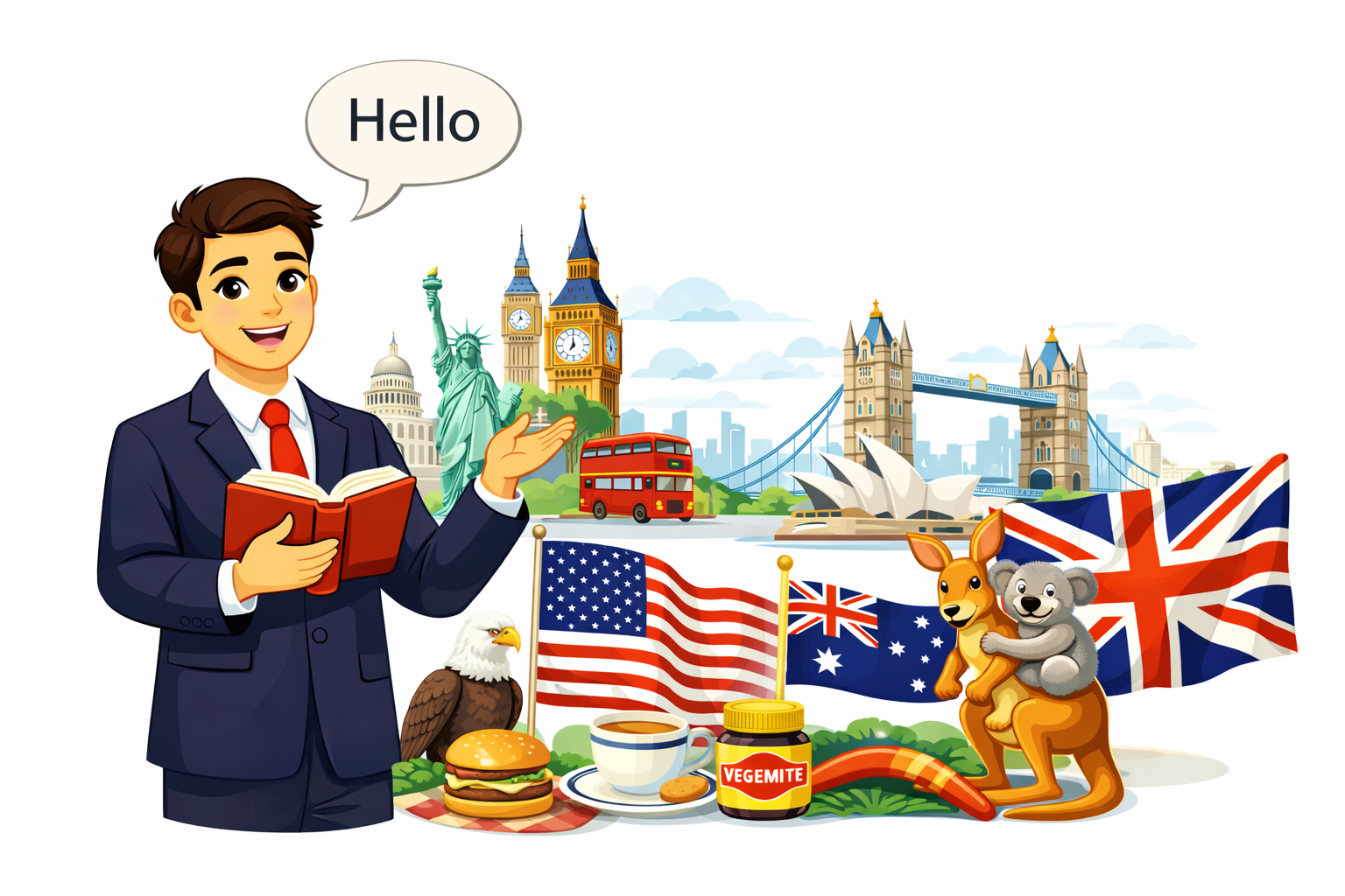 Ilustración de hombre profesional enseñando inglés con elementos culturales de Reino Unido, Estados Unidos y Australia como banderas, Big Ben, Estatua de la Libertad y Ópera de Sídney.