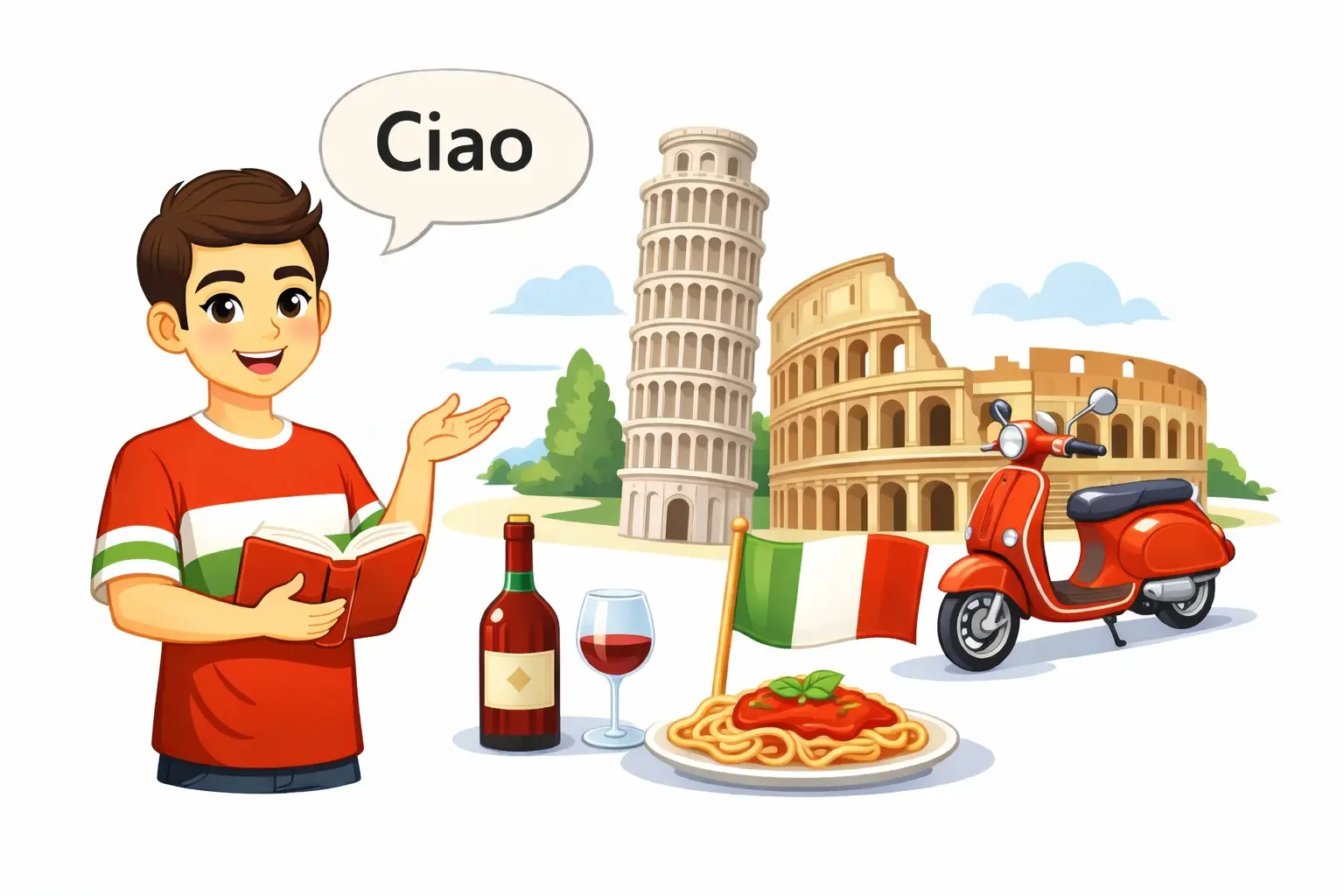 Curso de italiano para empresas con formación bonificable FUNDAE. Profesor enseñando italiano con saludo “Ciao” y referencias culturales de Italia.