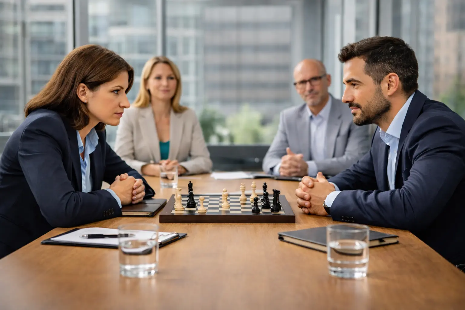 Profesionales realizando un curso de negociación para empresas en una sala de reuniones moderna, formación bonificada FUNDAE para PYMES en Madrid.
