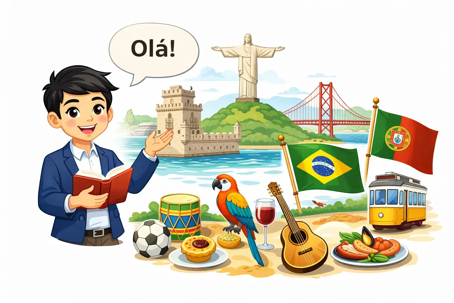 Ilustración estilo cartoon de curso de portugués para empresas con chico saludando “Olá”, elementos de Portugal y Brasil como Torre de Belém, Cristo Redentor, banderas y guitarra, formación bonificable por FUNDAE.