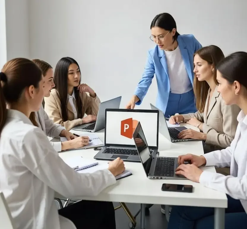 Equipo de profesionales realizando un curso de PowerPoint para empresas con formación bonificada por FUNDAE en Madrid impartido por Edubaa