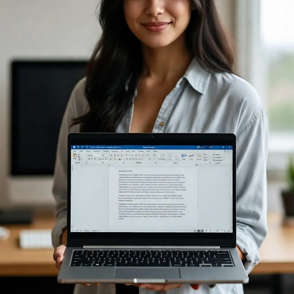 Profesional mostrando un portátil con Microsoft Word durante un curso de ofimática para empresas en Madrid impartido por Edubaa, formación bonificable por FUNDAE.