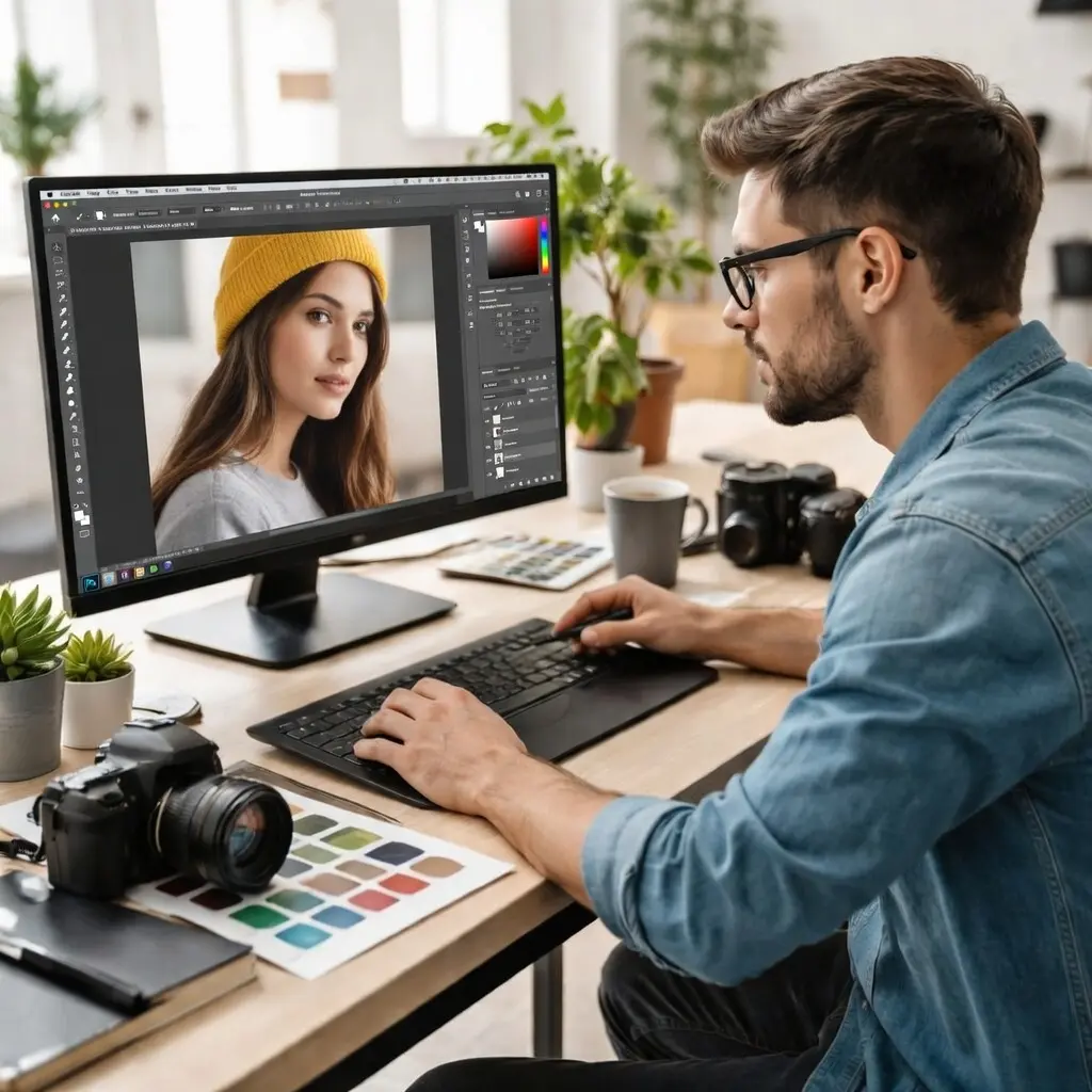 Profesional trabajando en software de diseño gráfico en oficina moderna durante curso de formación para empresas.