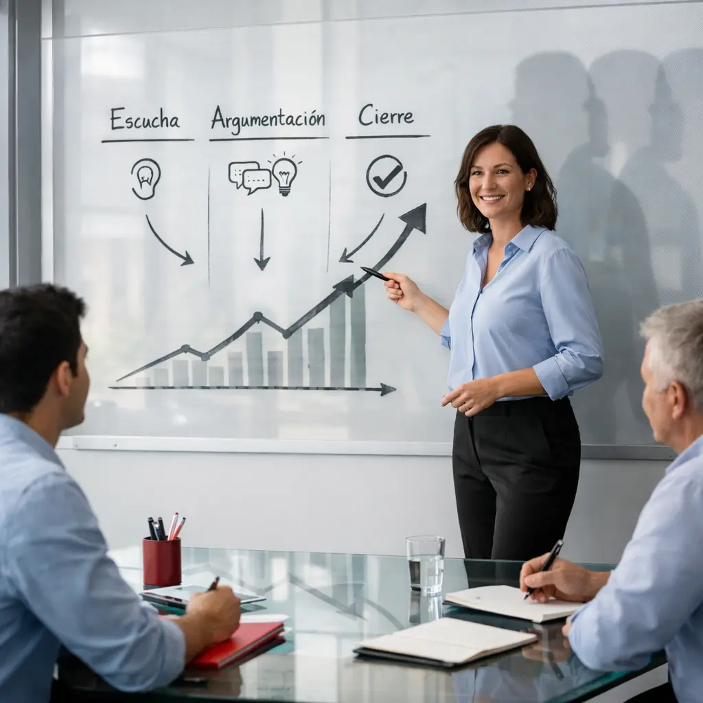 Formación en Técnicas de Ventas 3X para empresas en Madrid con equipo comercial en sesión estratégica y gráfico de crecimiento.