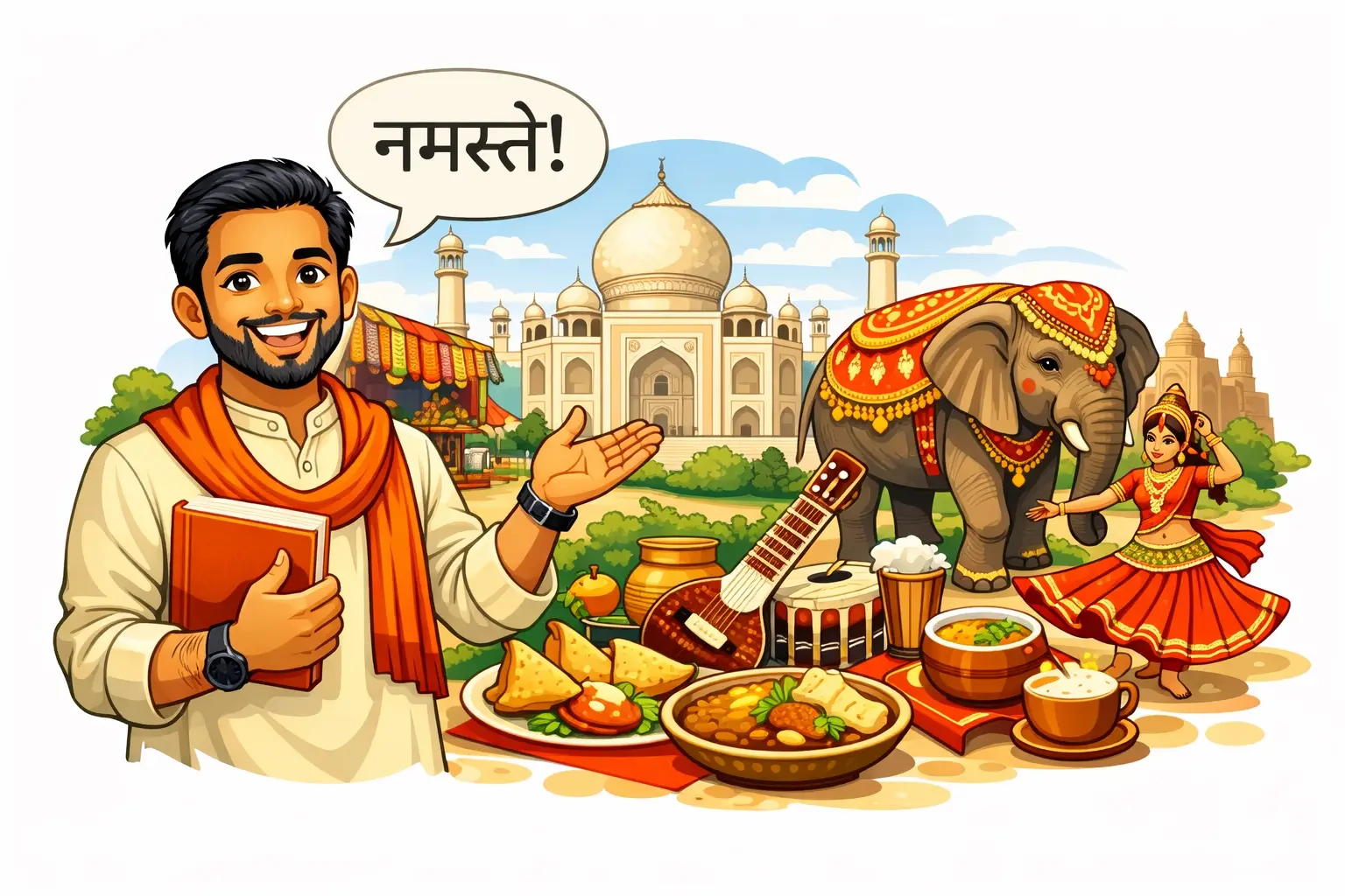 Ilustración de un hombre indio con un libro y saludo en hindi, rodeado de elementos culturales de la India, para curso de hindi para empresas de Edubaa