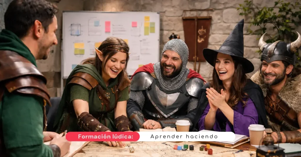 Formación lúdica para empresas con dinámica de rol y disfraces de fantasía durante un programa de aprendizaje experiencial para equipos.