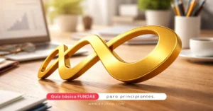 Logo de FUNDAE en dorado 3D sobre escritorio de oficina para blog de formación bonificada
