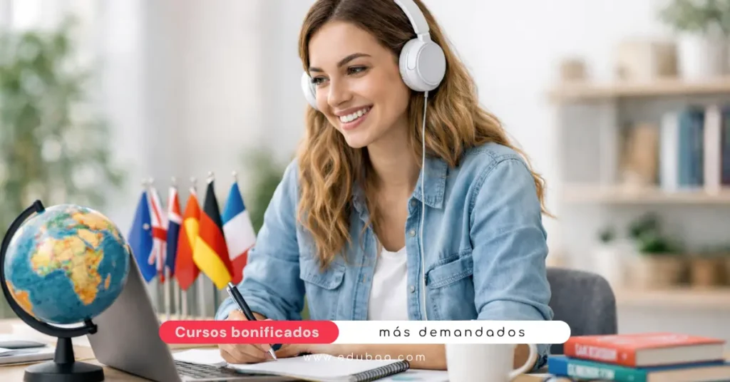 Profesional siguiendo un curso de idiomas bonificado para empresas en Madrid en un entorno de oficina moderno