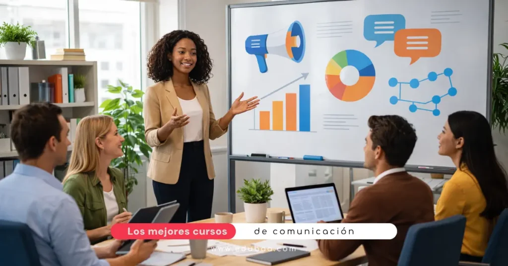 Cursos de comunicación para empresas con formadora y equipo profesional en una sesión presencial