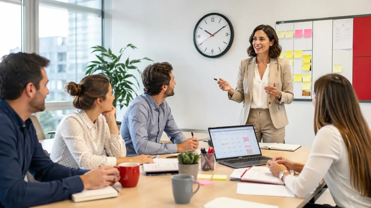 Equipo profesional en una formación de gestión del tiempo para empresas con calendario, reloj y organización de tareas.