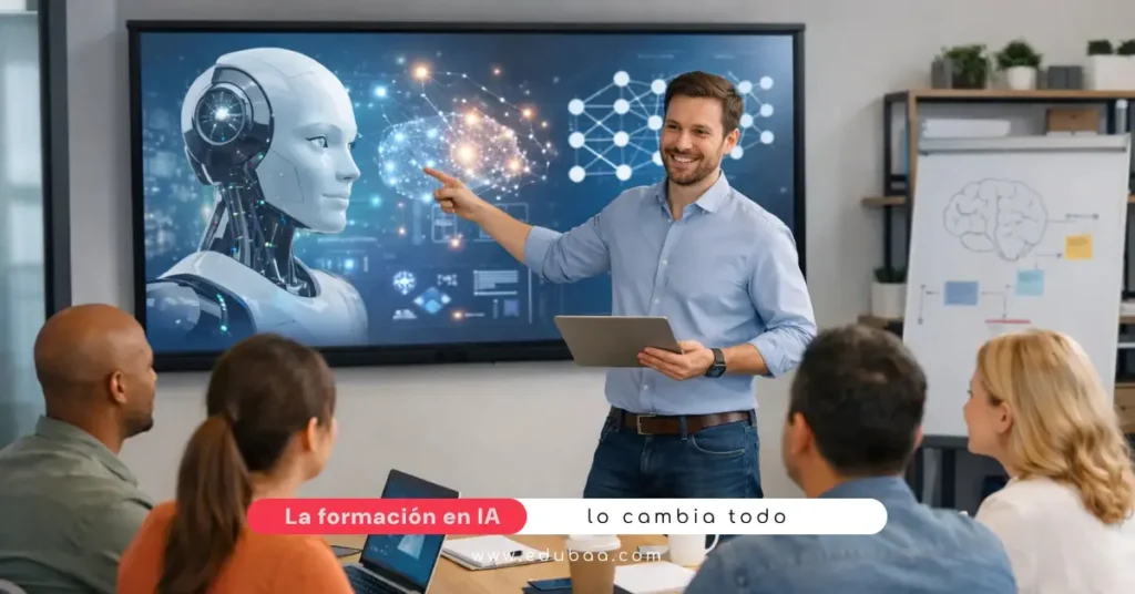 Grupo de profesionales en una oficina realizando una formación en IA para empresas con un formador explicando conceptos de inteligencia artificial