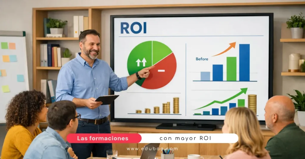 Equipo de empresa en una oficina revisando el retorno de la inversión de una formación con un formador de Edubaa