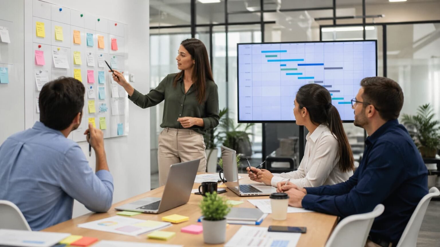 Formación en gestión de proyectos para empresas en una oficina con equipo coordinando tareas.