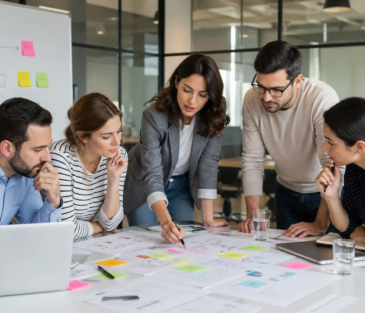 Equipo profesional analizando ideas y buscando soluciones durante una reunión de resolución de problemas en empresa