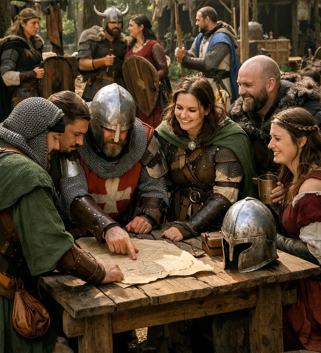 Participantes en un ejercicio de team building de Skillmersion en Edubaa vestidos con trajes medievales durante una actividad lúdica para empresas