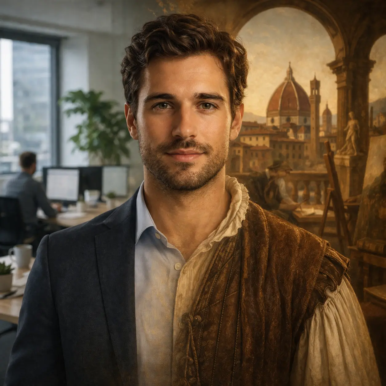 Hombre fusionado visualmente entre un entorno de oficina moderno y un escenario del Renacimiento, representando aprendizaje inmersivo y desarrollo de habilidades