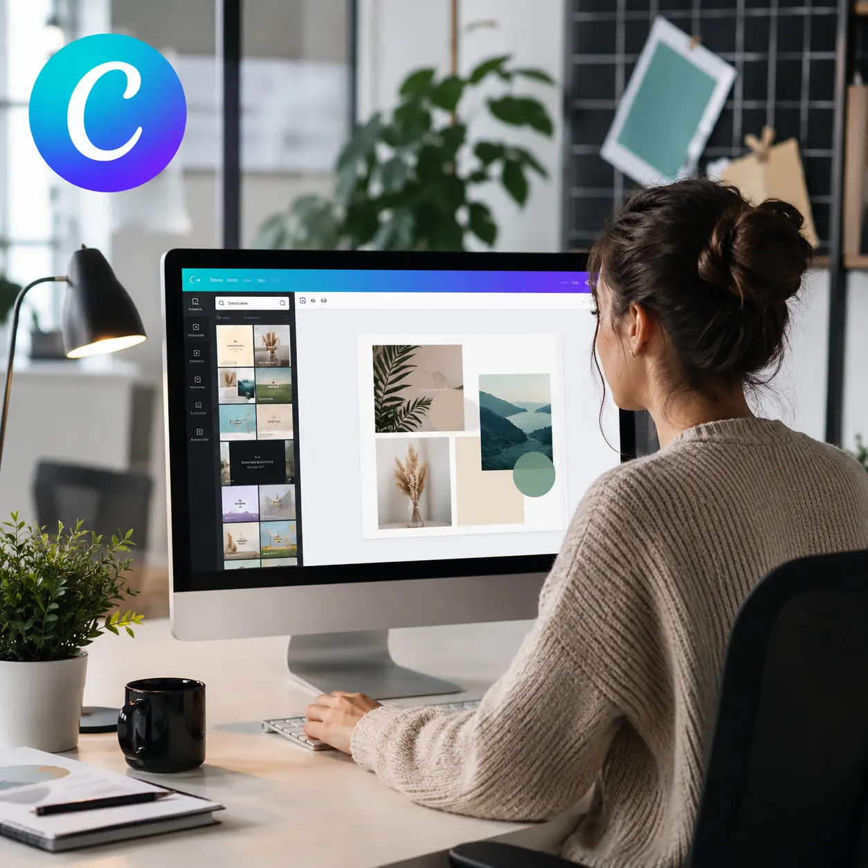 Profesional usando Canva en una oficina moderna durante una formación de diseño para empresas