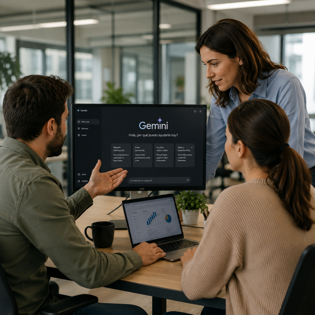 Equipo utilizando Gemini en una oficina durante una formación de inteligencia artificial para empresas