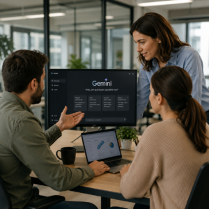 Equipo utilizando Gemini en una oficina durante una formación de inteligencia artificial para empresas