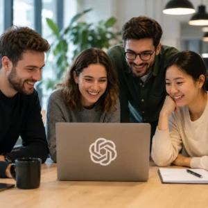 Equipo utilizando ChatGPT en una oficina durante una formación de inteligencia artificial para empresas