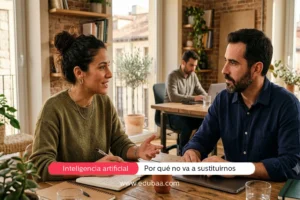 Dos profesionales de perfil ejecutivo, un hombre y una mujer de mediana edad, revisan juntos una pantalla en una oficina moderna mientras otra persona trabaja al fondo.