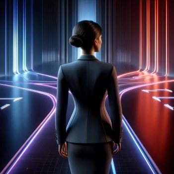 DALL·E 2024-04-23 13.32.19 - A highly realistic illustration of a businesswoman viewed from behind, standing at a digital crossroads with three distinct paths. The environment fea