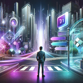 DALL·E 2024-05-16 13.54.11 - A man in a suit standing at a crossroads in a futuristic environment. The scene features a high-tech cityscape with sleek, modern buildings and neon l