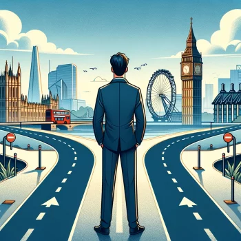 DALL·E 2024-05-21 13.02.51 - A 600x600 illustration of a business executive standing in front of two diverging paths. The background features elements of London, including the Big